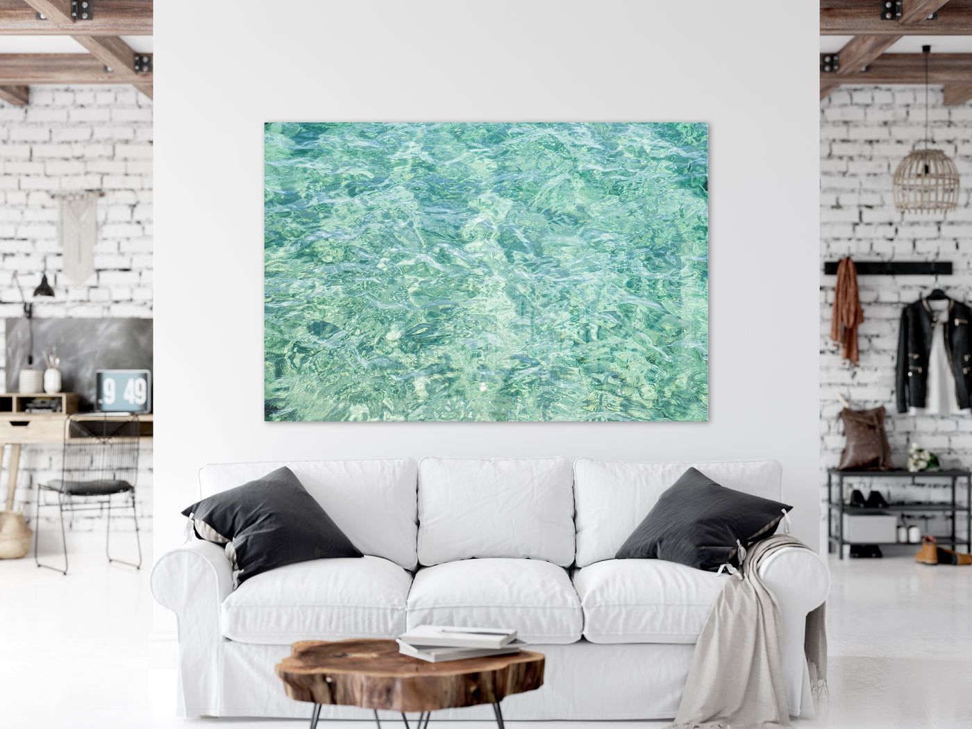 Abstract Water - Large acrylic glass print by Cattie Coyle Photography above couch