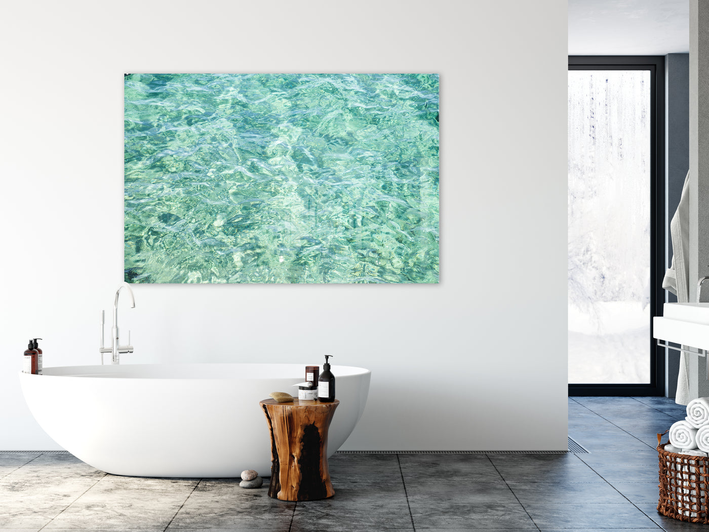 Large acrylic glass wall art by Cattie Coyle Photography in bathroom