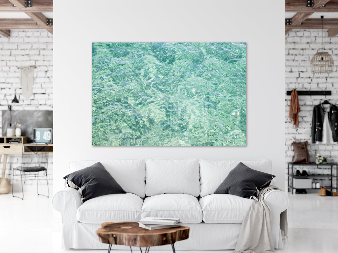 Abstract acrylic glass wall art by Cattie Coyle Photography above couch