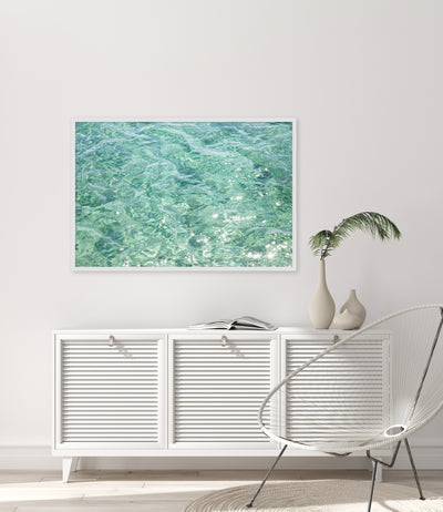 Abstract Water - Green art print by Cattie Coyle Photography above dresser in modern beach house