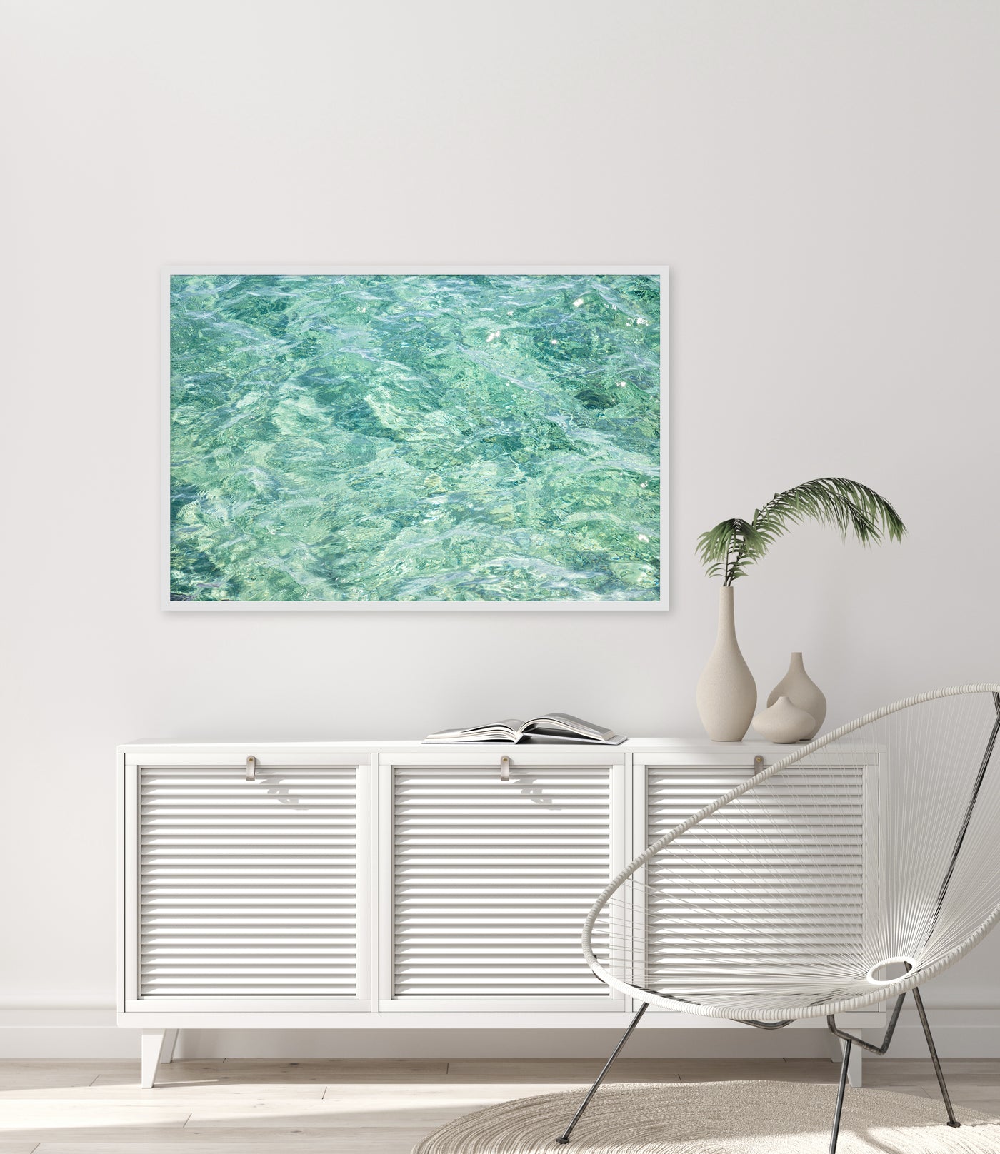 Abstract Water - Ocean art print by Cattie Coyle Photography above dresser in modern beach house