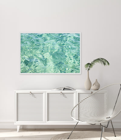 Abstract Water - Ocean art print by Cattie Coyle Photography above dresser in modern beach house