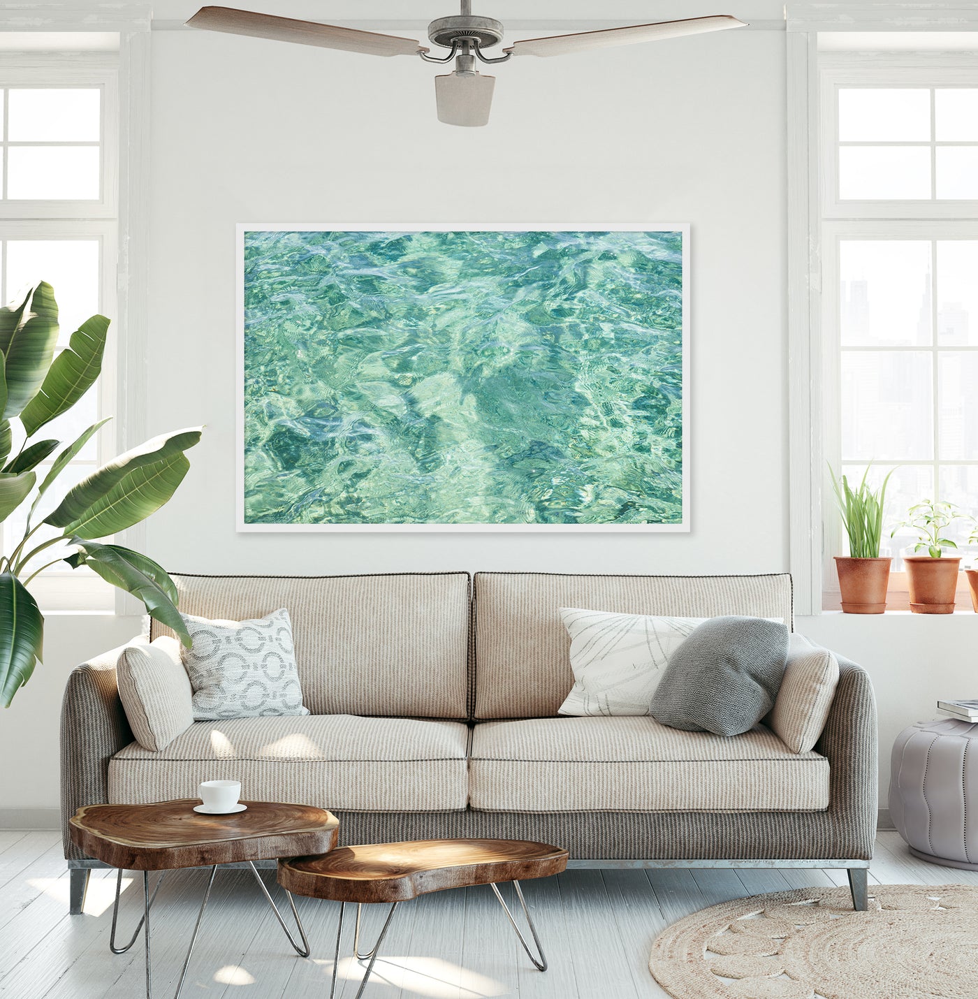 Abstract Water - Large fine art print by Cattie Coyle Photography above couch in living room