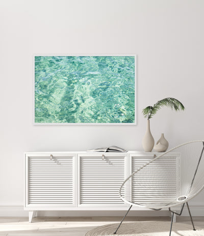 Abstract Water - Ocean art print by Cattie Coyle Photography above dresser in modern beach house