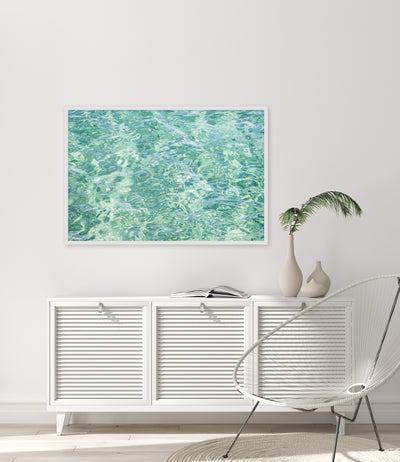 Abstract Water - Ocean art print by Cattie Coyle Photography above dresser in modern beach house
