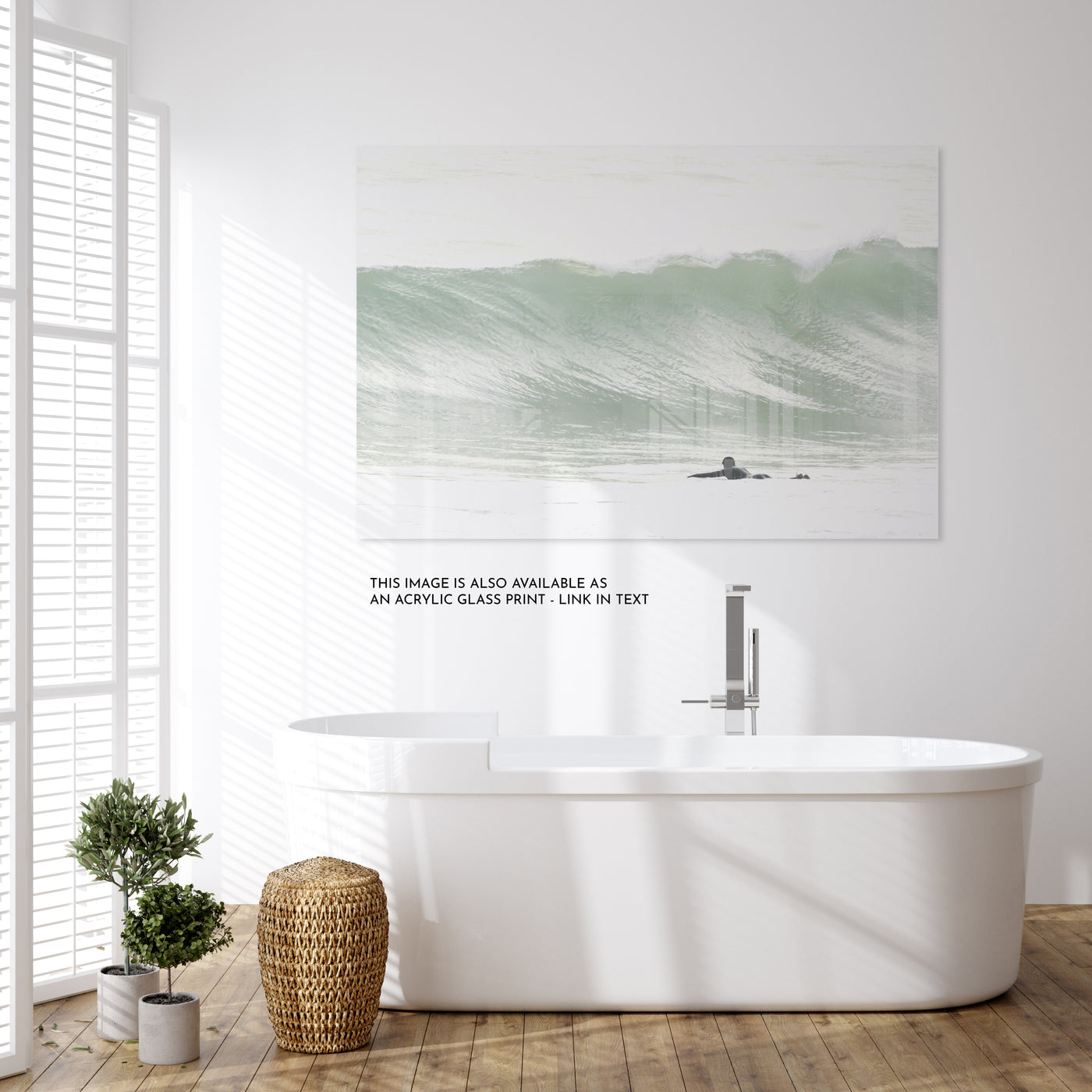 Acrylic glass surfing art print by Cattie Coyle Photography in bathroom