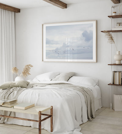 Flock of birds wall art by Cattie Coyle Photography in bedroom