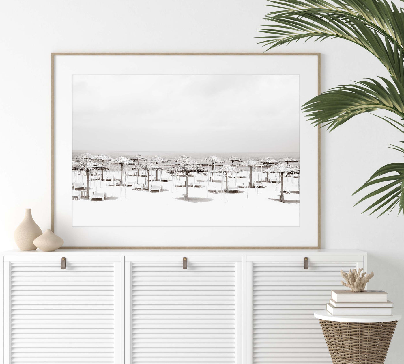 Beach Days – Black and white coastal art print by Cattie Coyle Photography on dresser