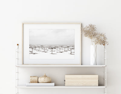 Beach Days – Black and white coastal art print by Cattie Coyle Photography on shelf