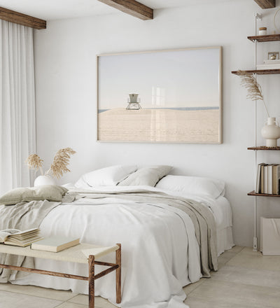 California Dreaming No 1 - Large framed beach fine art print by Cattie Coyle Photography above bed in neutral colored beach cottage bedroom