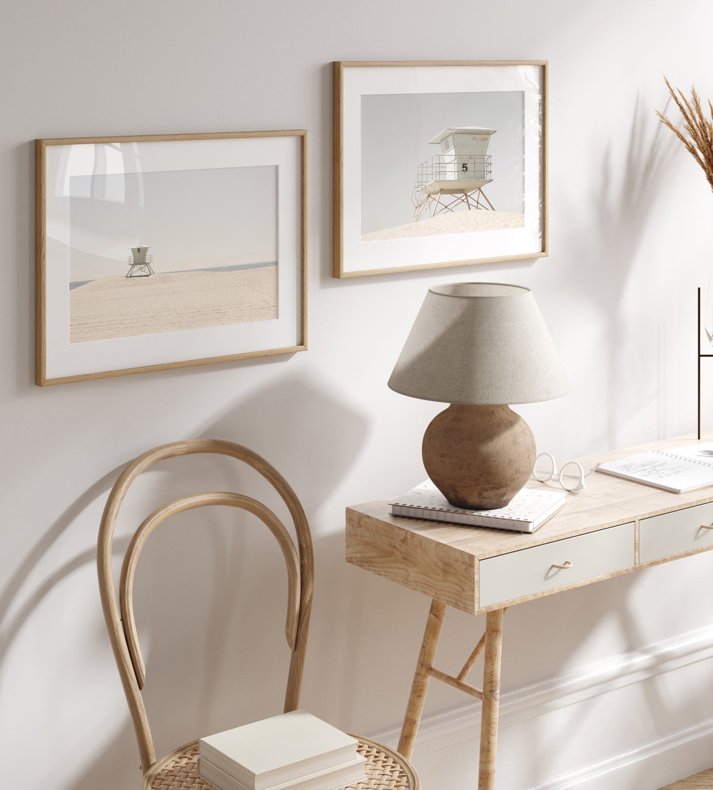 California Dreaming - Fine art beach prints by Cattie Coyle Photography above desk in neutral colored home