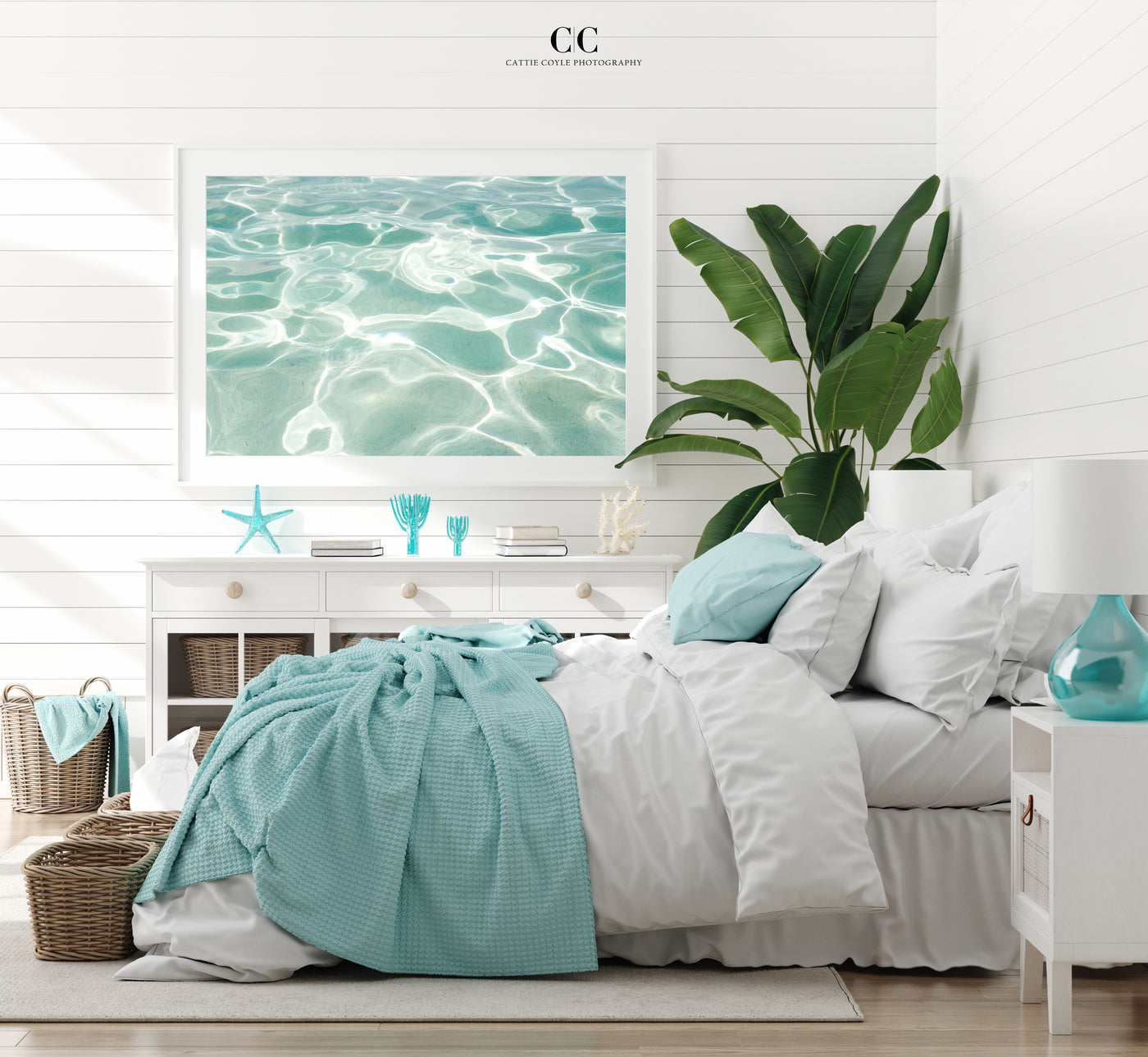 Caribbean Sea - Large turquoise art print by Cattie Coyle Photography in beach house bedroom