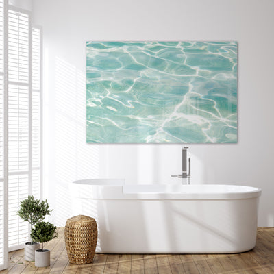Caribbean Sea – Large aquamarine water acrylic glass wall art by Cattie Coyle Photography above bathtub