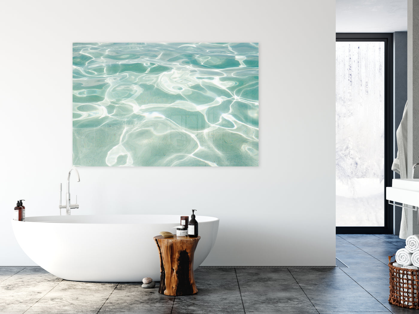 Caribbean Sea – Large aquamarine water acrylic glass wall art by Cattie Coyle Photography above bathtub