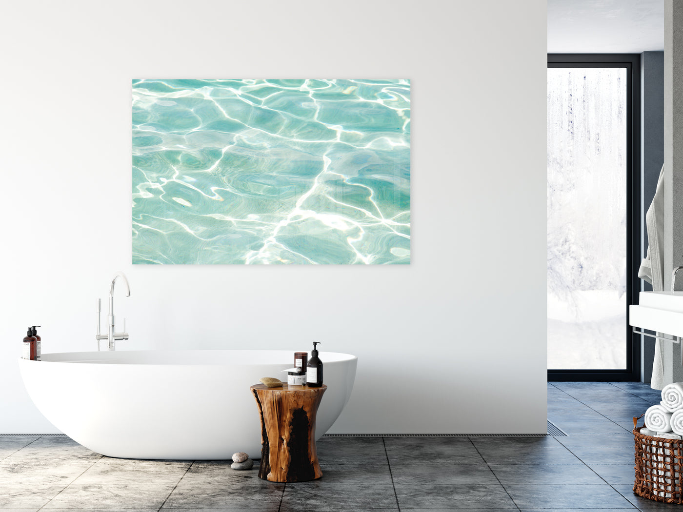 Caribbean Sea – Large aquamarine water acrylic glass wall art by Cattie Coyle Photography above bathtub