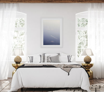 Going Places - Abstract fine art print in shades of blue by Cattie Coyle Photography in bedroom