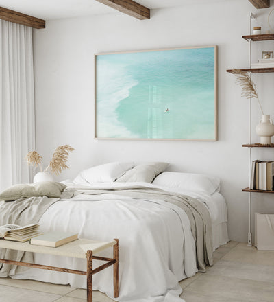 Magoito No 13 - Surfer aerial view fine art print by Cattie Coyle Photography in bedroom