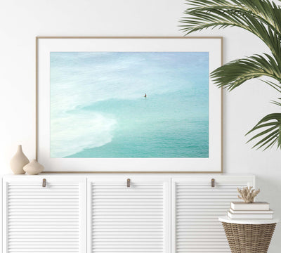 Magoito No 14 - Surfer and turquoise blue ocean fine art print by Cattie Coyle Photography on dresser