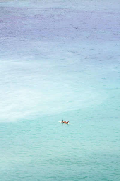 Surfer and turquoise blue water aerial view fine art print by Cattie Coyle Photography