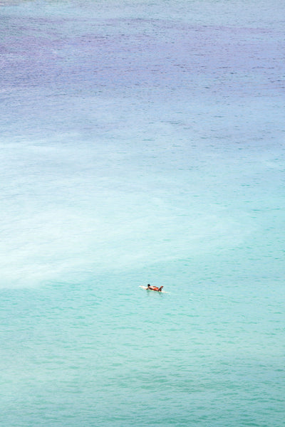 Surfer and turquoise blue water aerial view fine art print by Cattie Coyle Photography