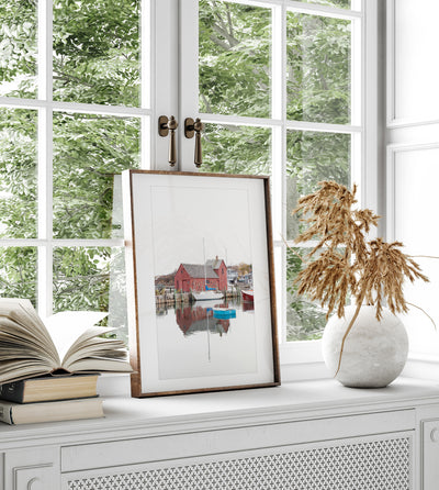 Motif No 1 - Rockport, Massachusetts, art print by Cattie Coyle Photography in window