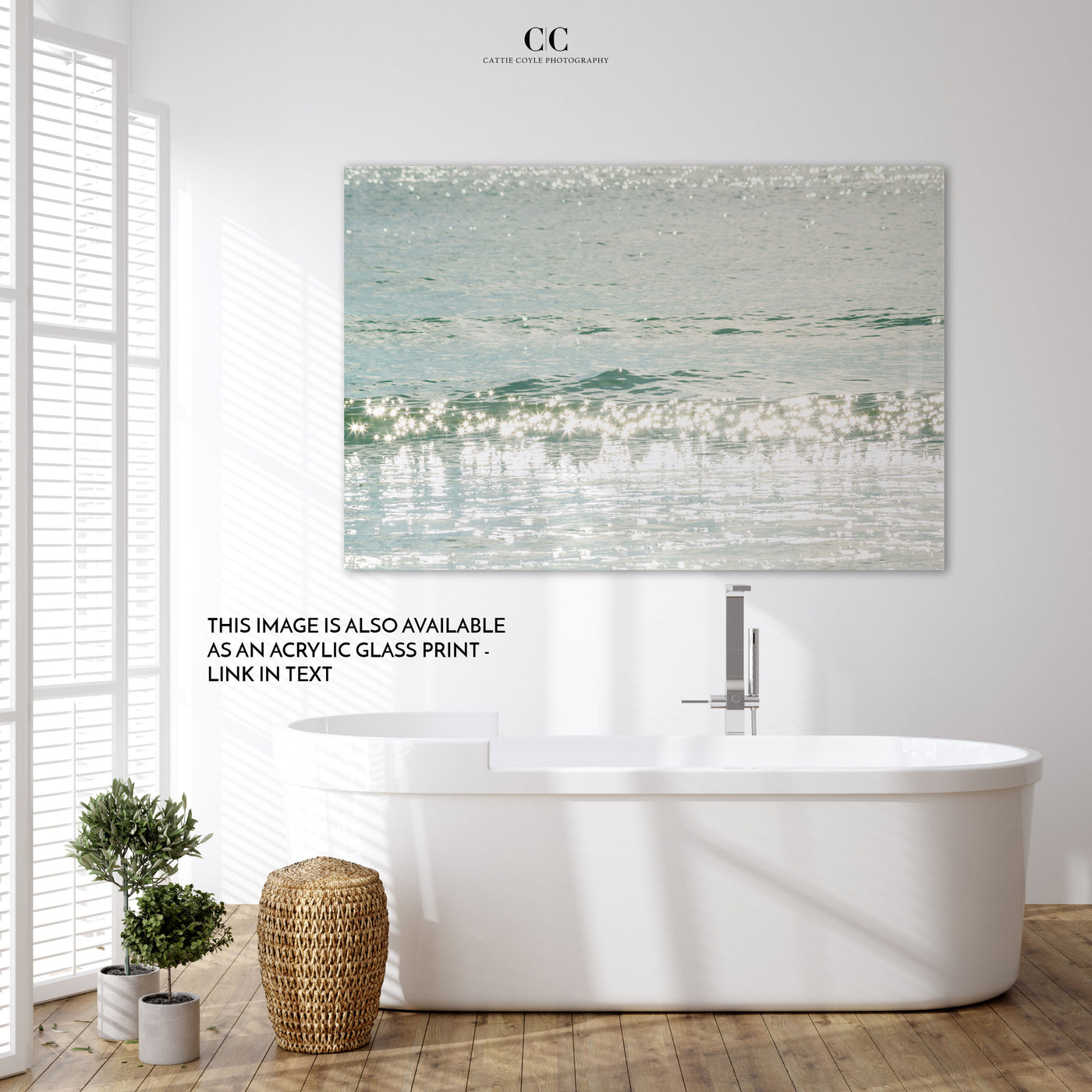 Ocean photography print by Cattie Coyle Photography as acrylic glass print in bathroom