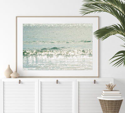 Ocean photography print by Cattie Coyle Photography on dresser