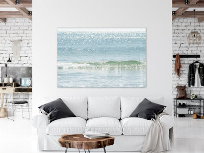 Ocean Wave No 11 – Large acrylic glass wall art by Cattie Coyle Photography above couch