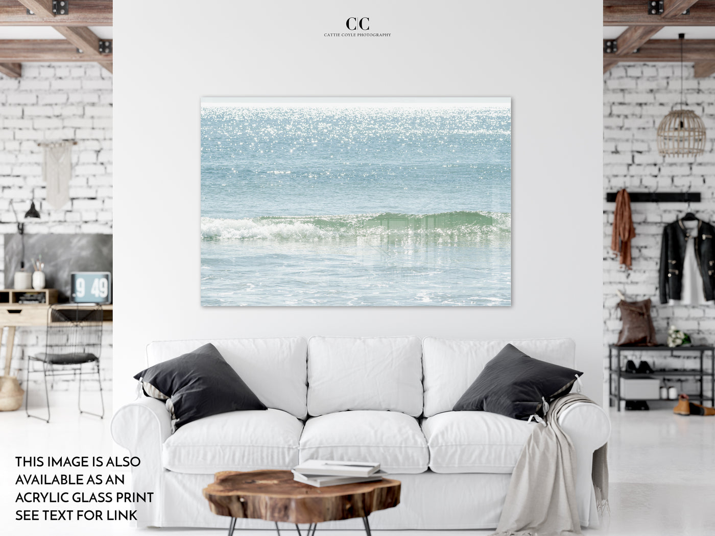 Ocean wave and sun glitter - Large acrylic glass art print by Cattie Coyle Photography above sofa