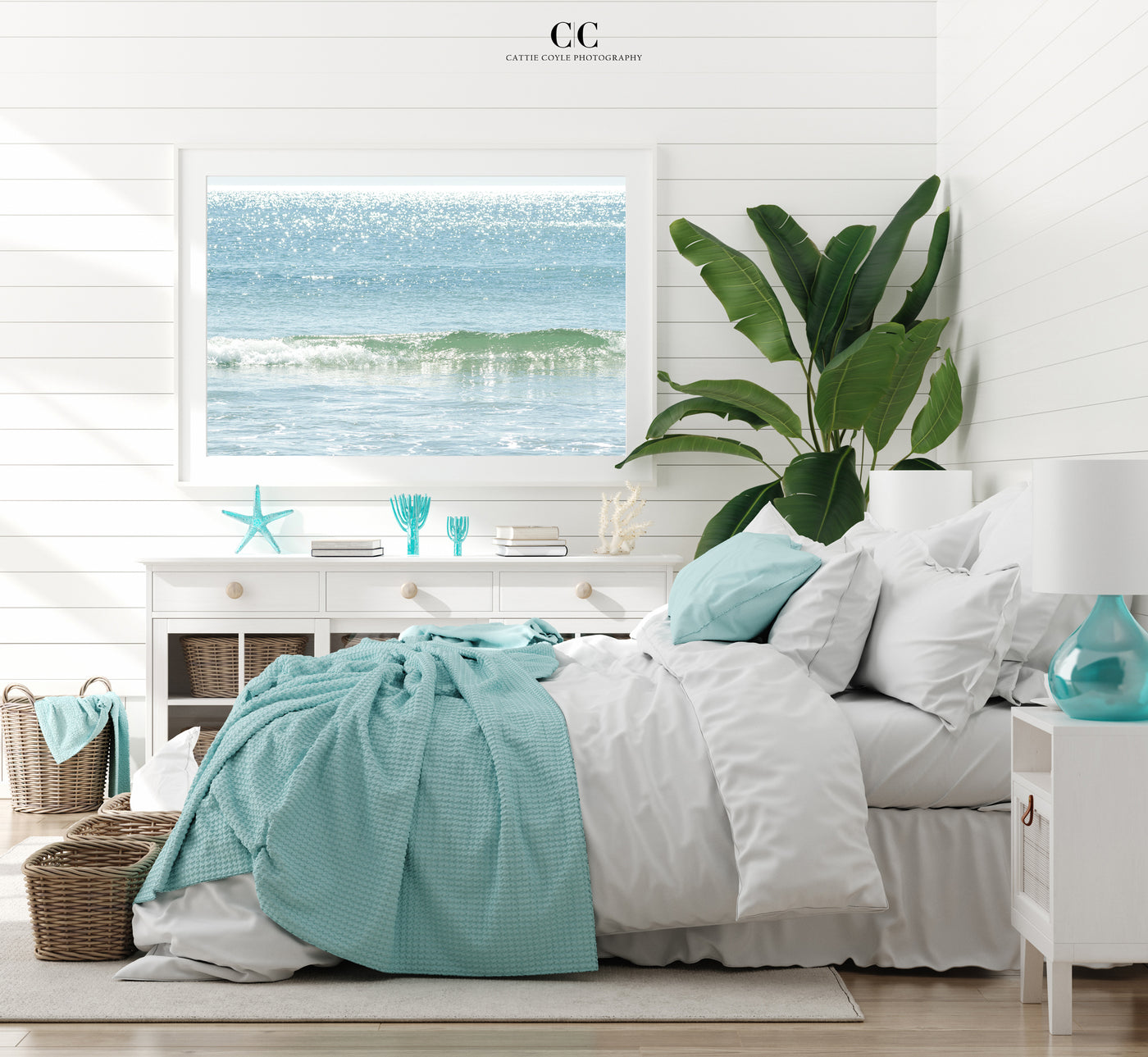 Large ocean art print by Cattie Coyle Photography in bedroom