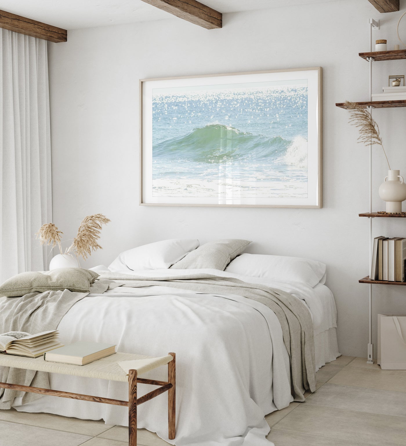 Large ocean wave print by Cattie Coyle Photography in bedroom