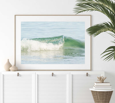 Ocean wave art print by Cattie Coyle Photography on dresser