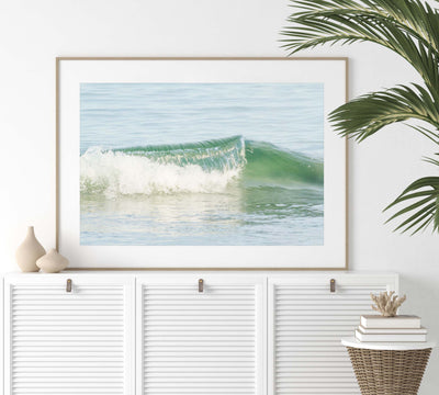 Ocean wave art print by Cattie Coyle Photography on dresser