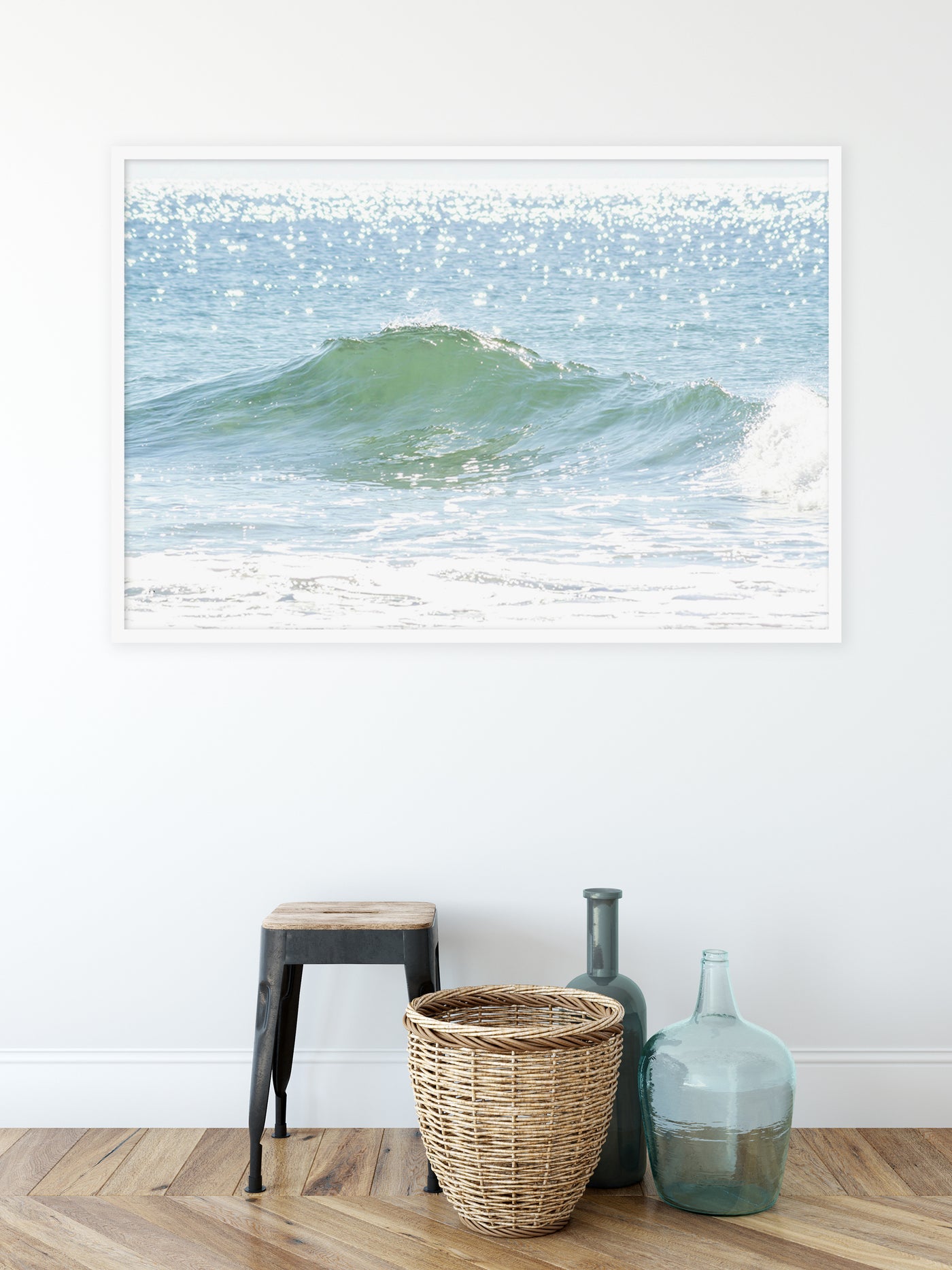 Large ocean wave art print by Cattie Coyle Photography in entryway
