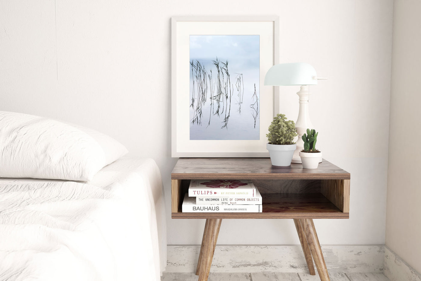 Reflections No 3 – Lake art prints by Cattie Coyle Photography on bedside table