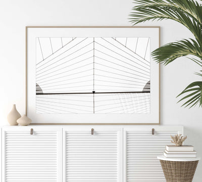 Sail - Abstract art black and white print by Cattie Coyle Photography on dresser