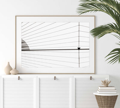 Sail - Abstract black and white fine art print by Cattie Coyle Photography on dresser