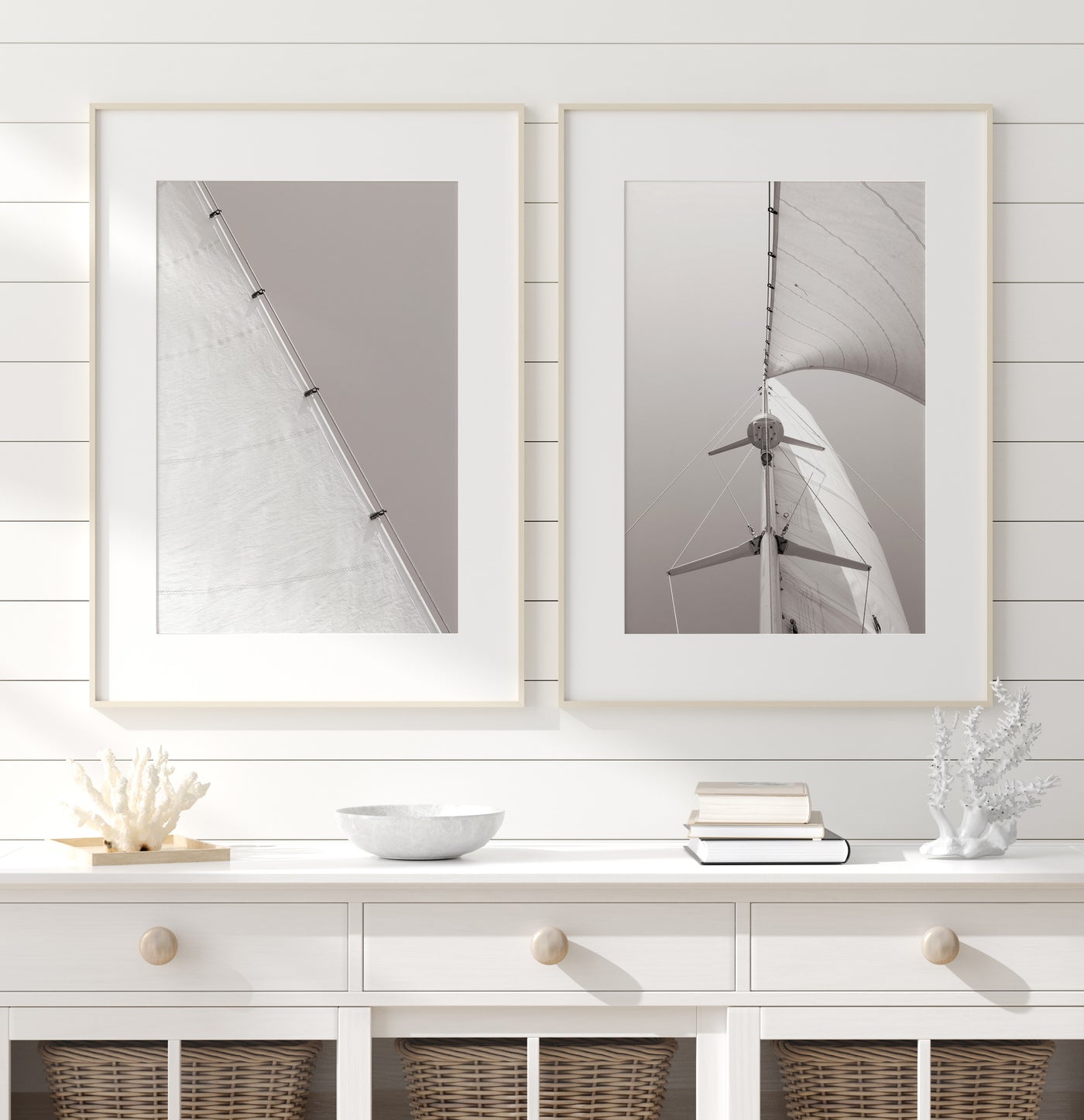 Sailing No 1 and 2 - Nautical art prints by Cattie Coyle Photography on wall in beach house