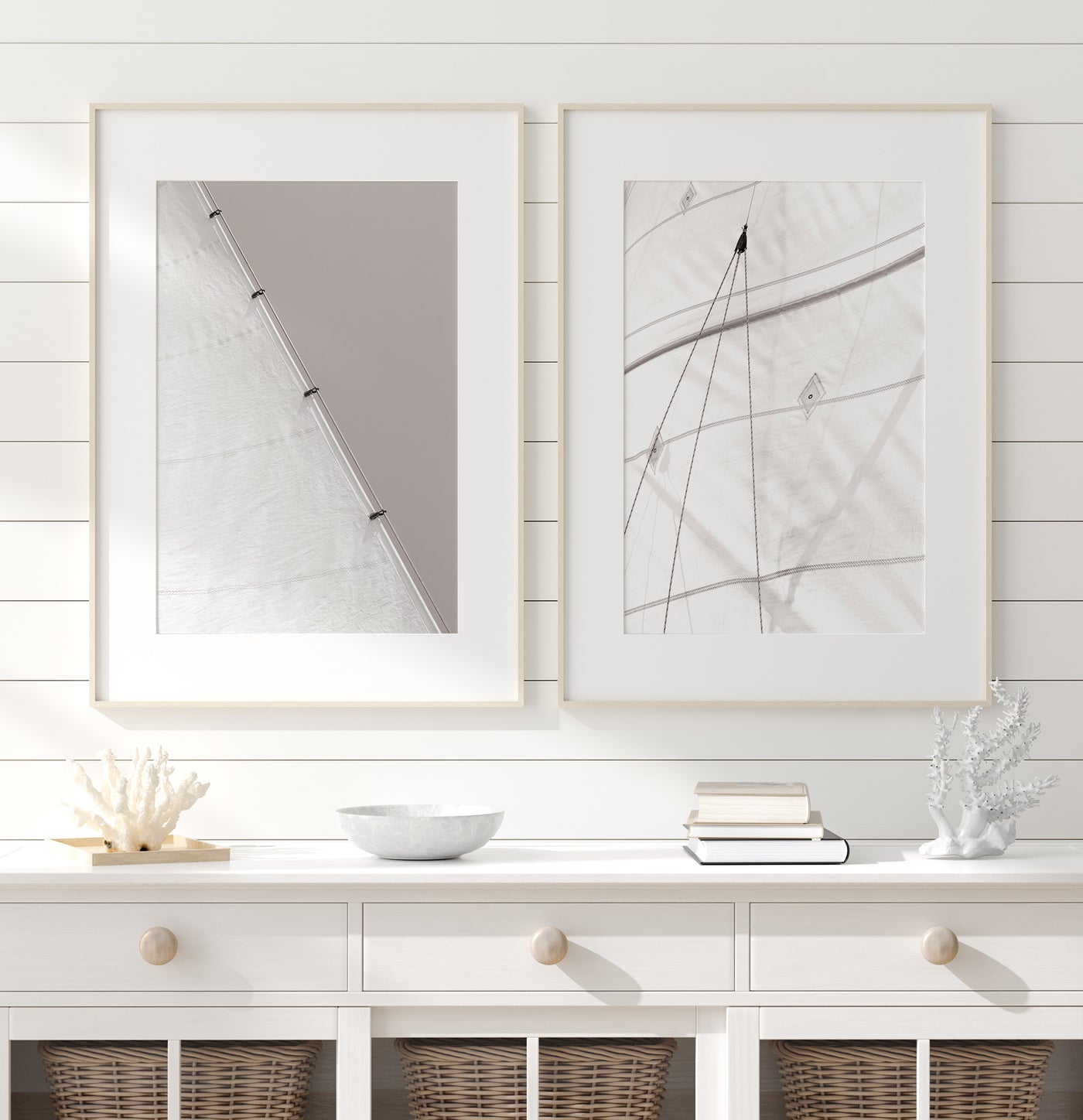 Sailing No 1 and 3 - Black and white photography art prints by Cattie Coyle on wall in beach house