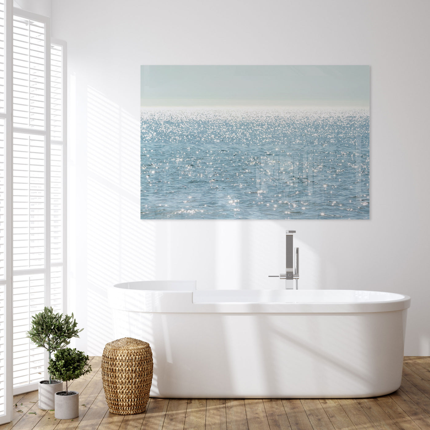 Sun Glitter - Acrylic wall art by Cattie Coyle Photography in bathroom. © 2019 All rights reserved.