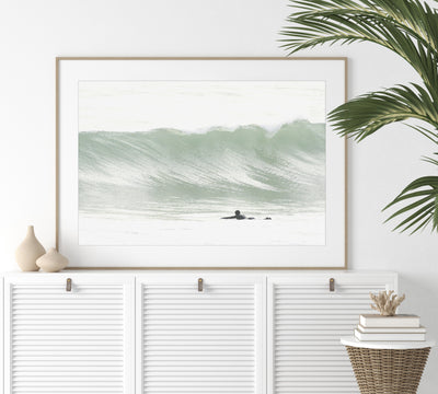 Surfing art print by Cattie Coyle Photography above dresser