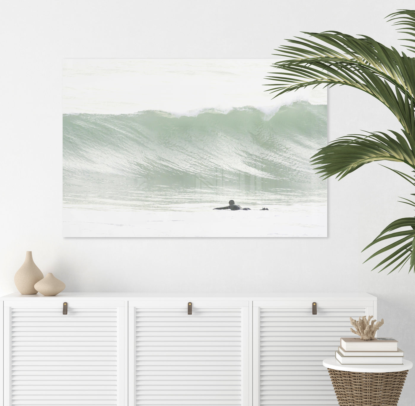 Surfing No 4 - Acrylic glass print by Cattie Coyle Photography above dresser