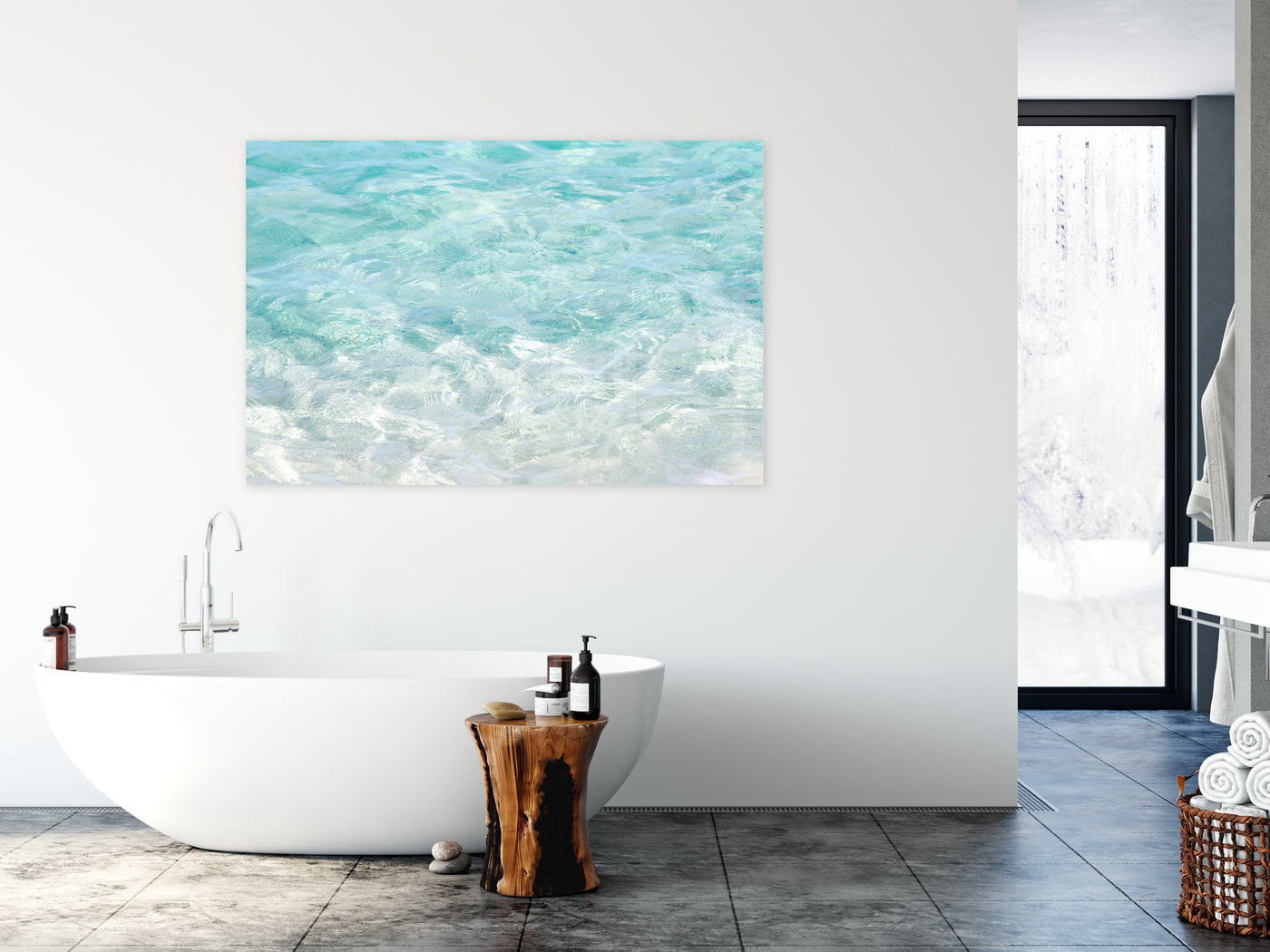 Turquoise Water – Oversized acrylic glass print by Cattie Coyle Photography above bathtub